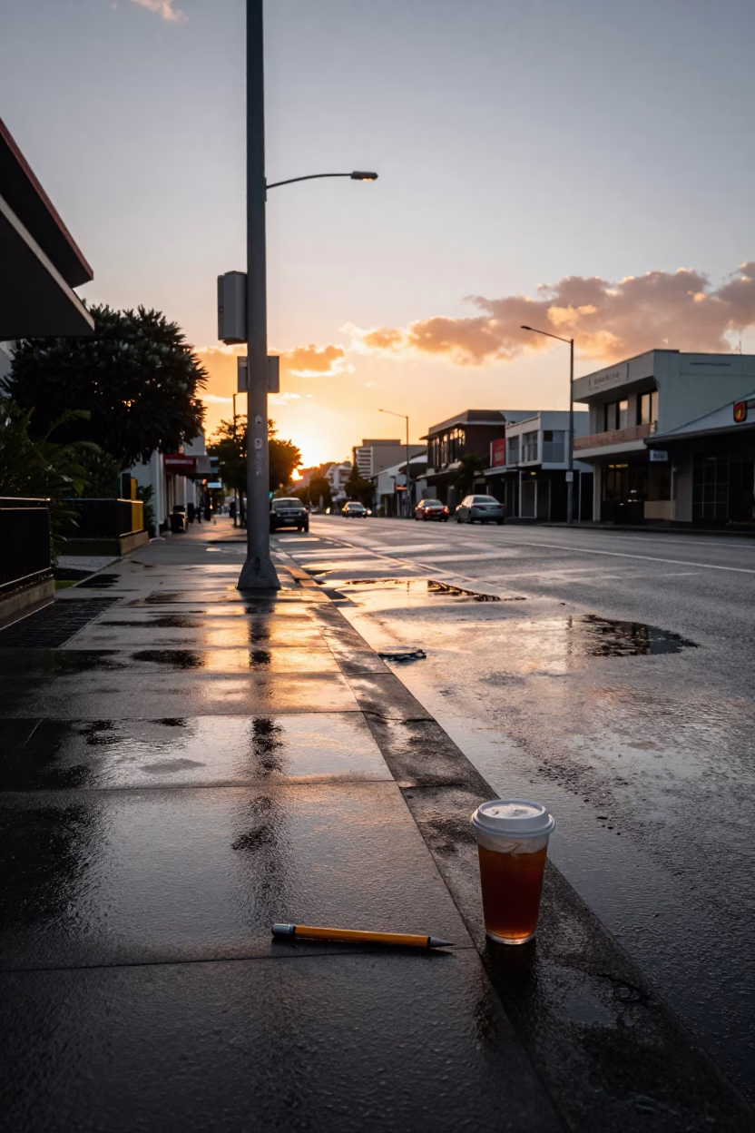 Auckland New Zealand Sunset Street Scene with Wet Puddles and Urban Infrastructure in in Auckland, New Zealand