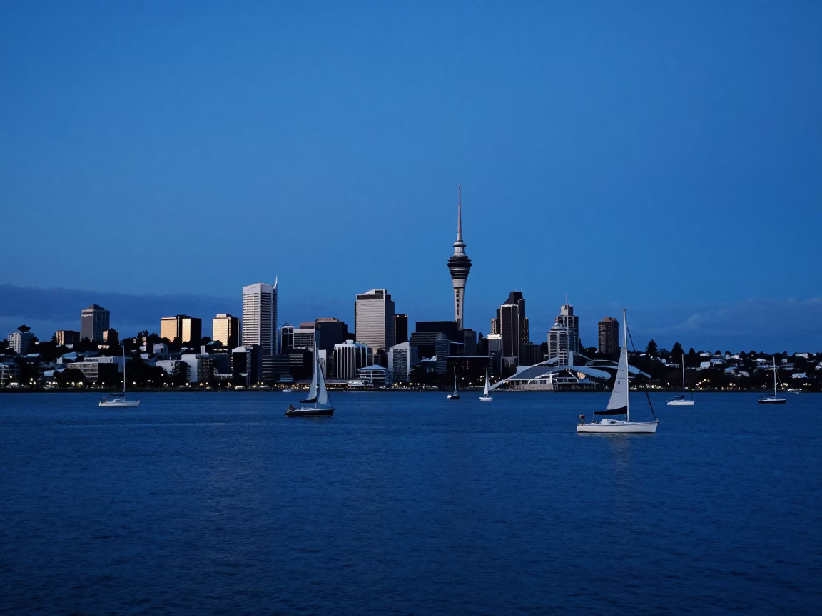 Auckland New Zealand Twilight Harbor View with Sailboats and City Skyline in in Auckland, New Zealand
