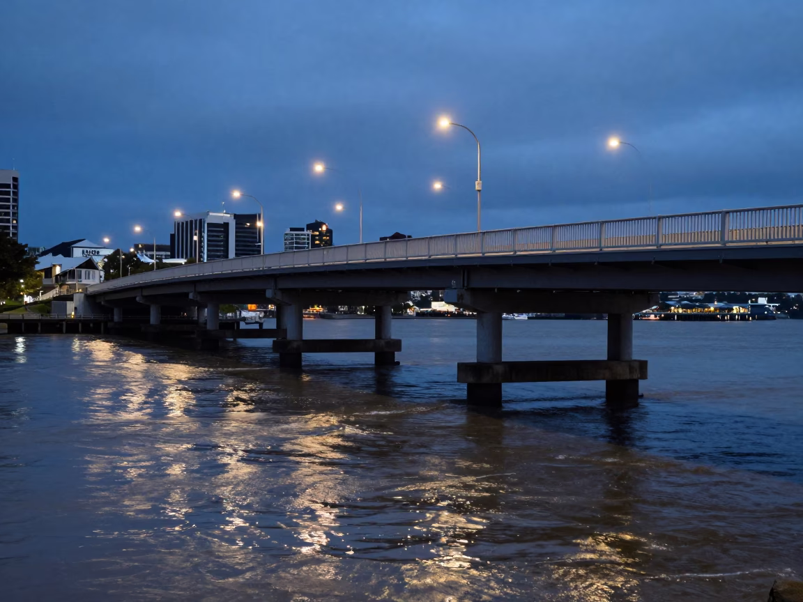 Auckland New Zealand Twilight Street Scene with Bridge Pier and Urban Reflections in in Auckland, New Zealand