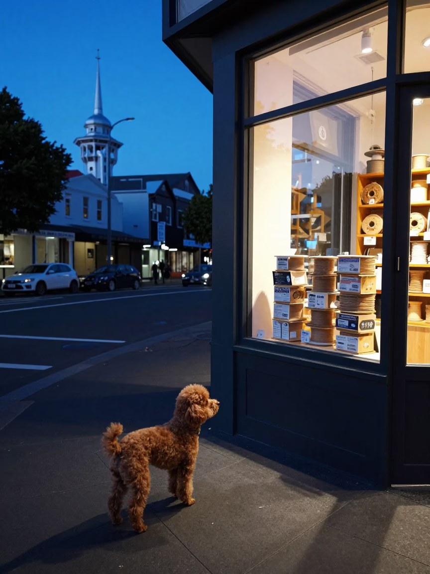 Auckland New Zealand Twilight Street Scene with Toy Poodle and Urban Details in in Auckland, New Zealand