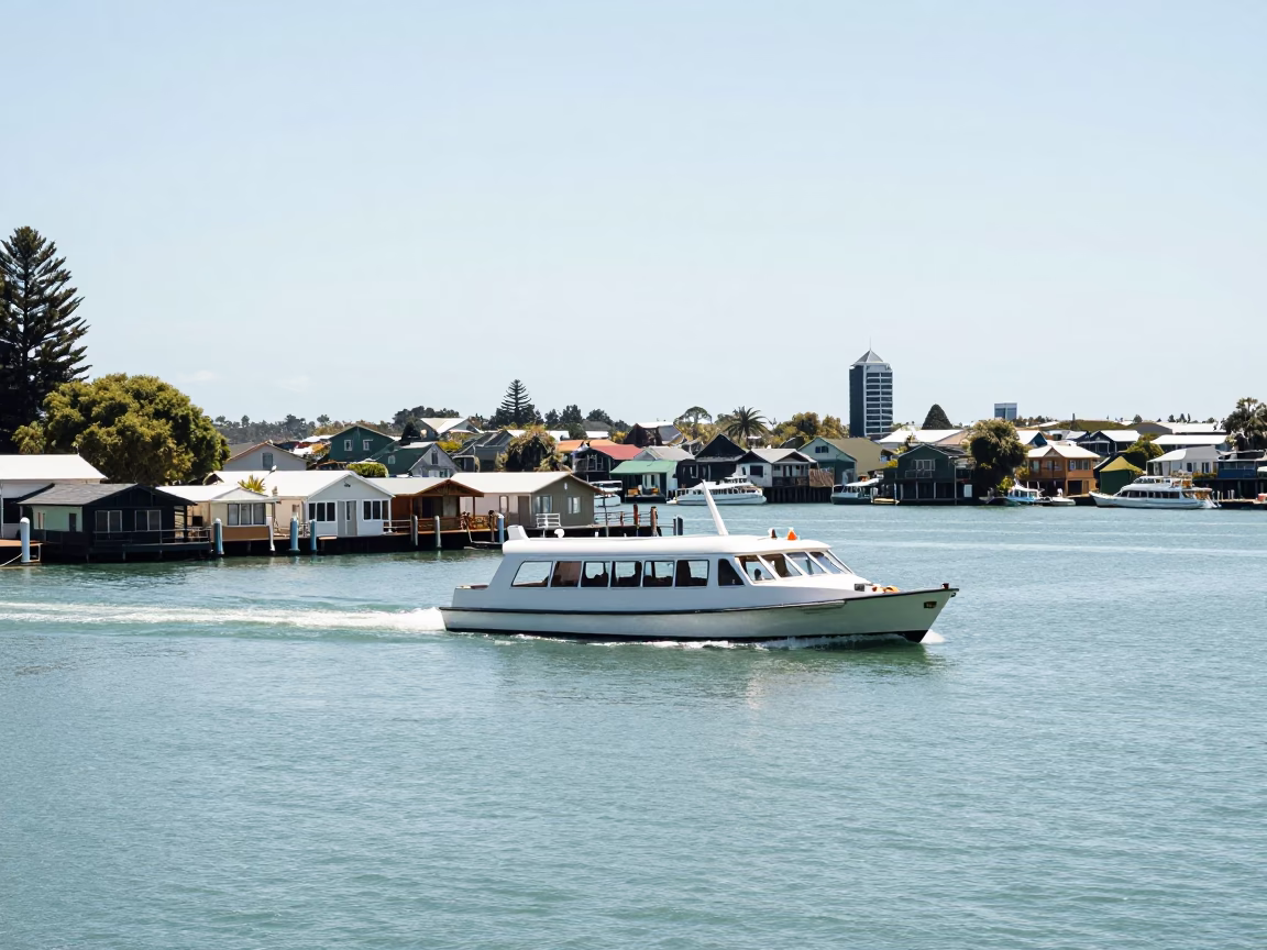 Auckland New Zealand Water Taxi Navigating Canal Houseboats at Midday Sun in in Auckland, New Zealand