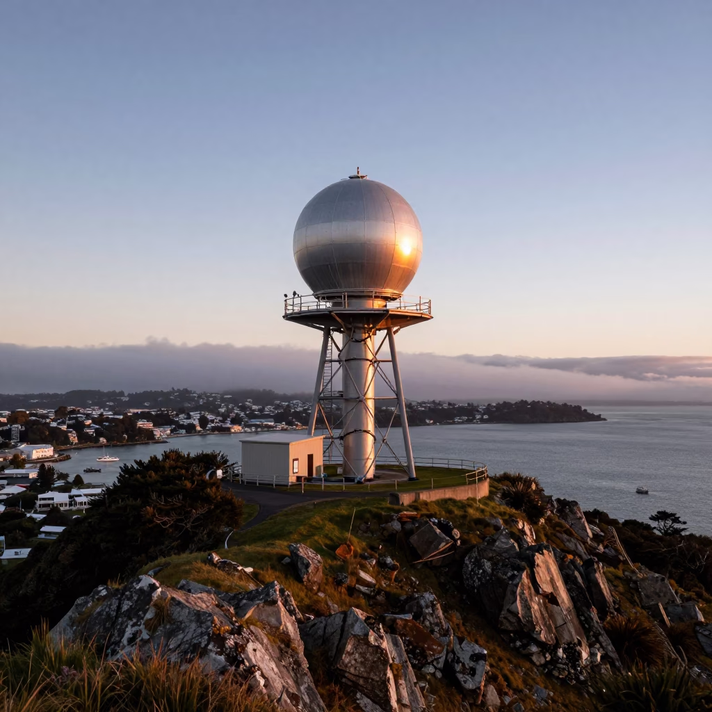 Auckland New Zealand Weather Radar Tower and Coastal Bluff in Copper Toned Dusk Light in in Auckland, New Zealand
