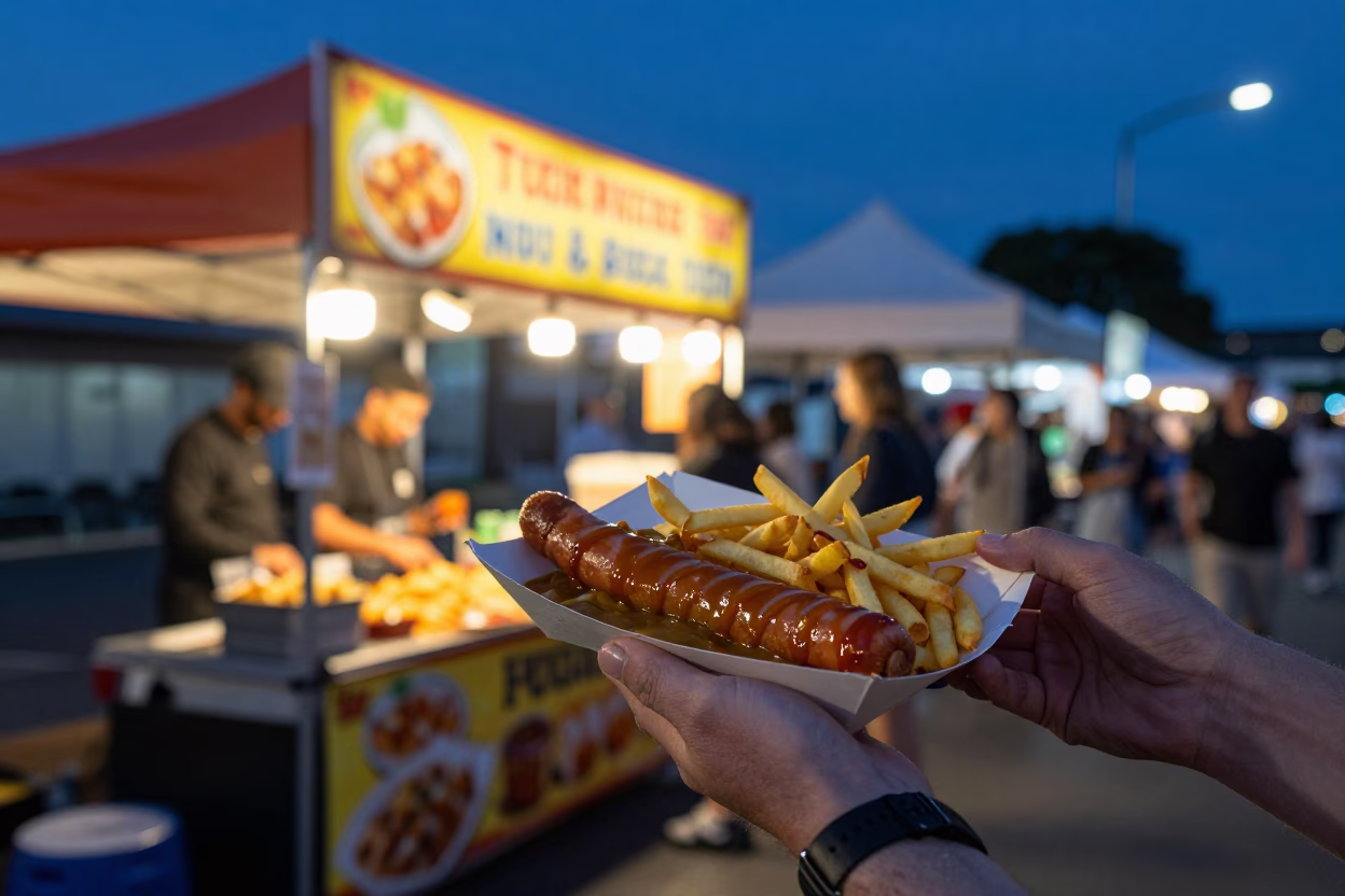 Auckland Night Market Currywurst and Fries at Dusk in in Auckland, New Zealand
