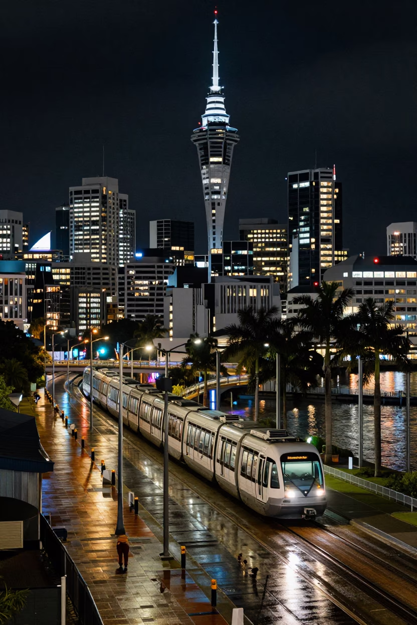 Auckland Night Scene with Monorail Passing Glass Towers and Palm Trees in in Auckland, New Zealand
