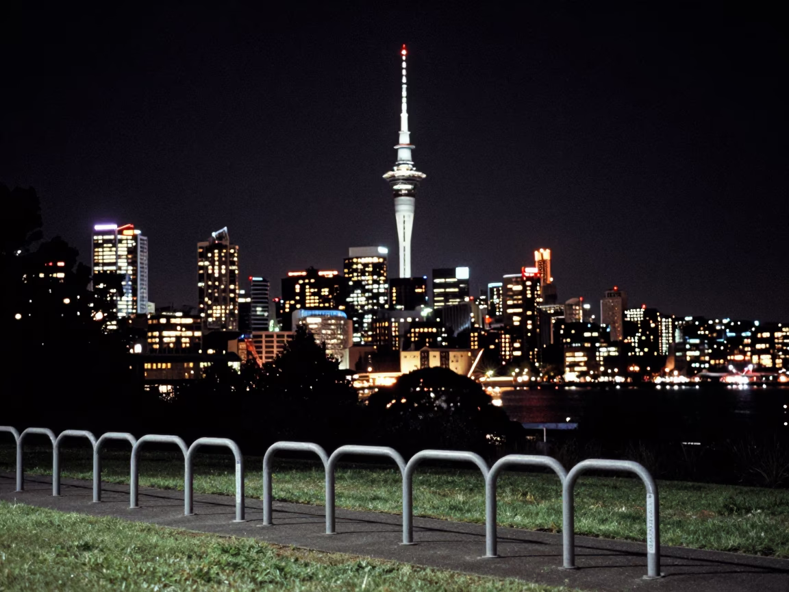 Auckland Night Skyline from Domain Park with Bicycle Rack and City Lights in in Auckland, New Zealand