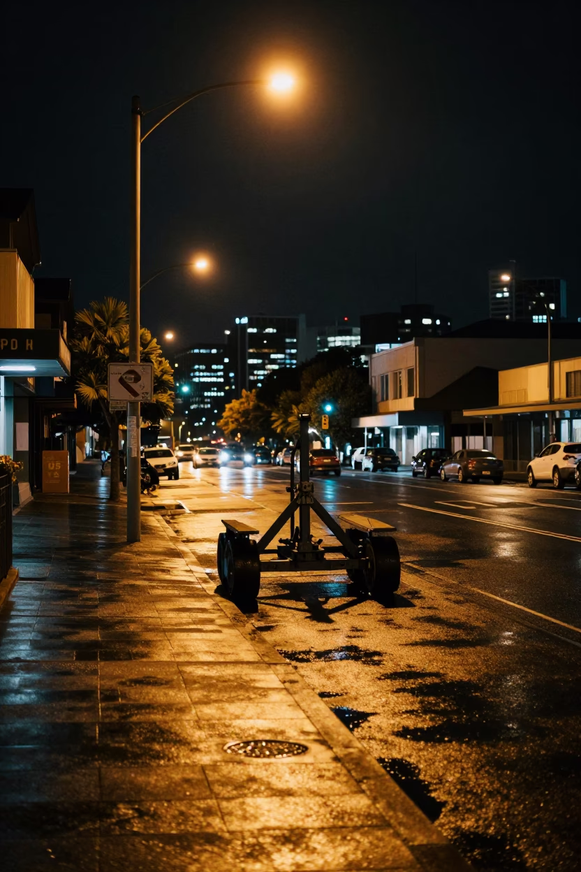 Auckland Night Street Scene with Maintenance Cradle and City Lights in in Auckland, New Zealand