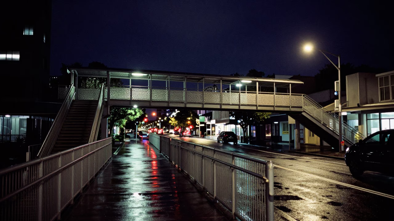 Auckland Night Street Scene with Pedestrian Overpass and Wet Footsteps Under Deep Sky in in Auckland, New Zealand