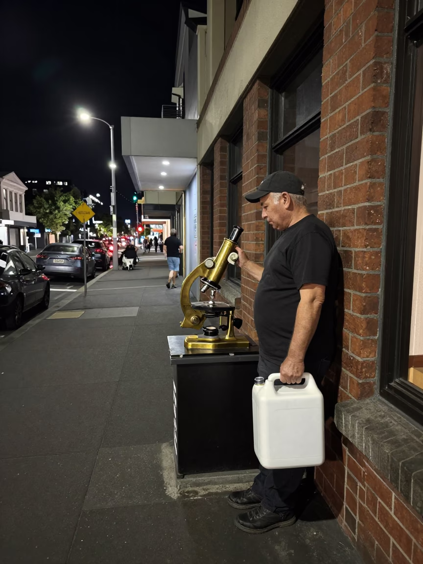 Auckland Night Street Scene with Vintage Brass Microscope and Cooler Jug in in Auckland, New Zealand