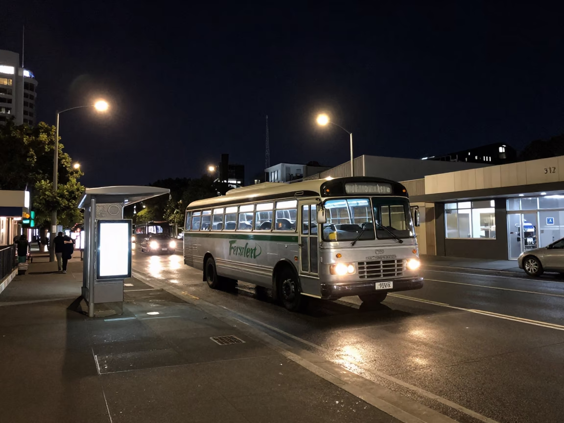Auckland Night Street Scene with Vintage Bus and Local Transit Stop in in Auckland, New Zealand