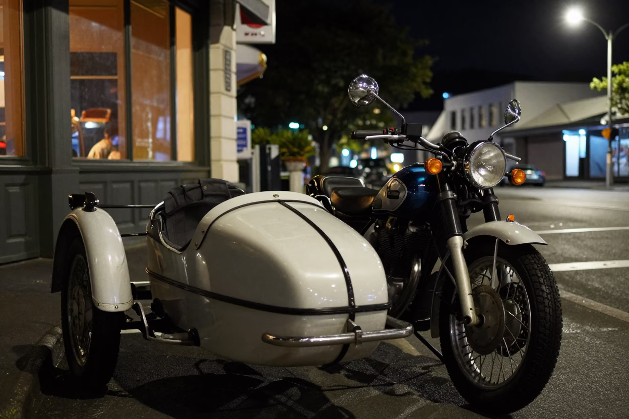 Auckland Night Street Scene with Vintage Motorcycle Sidecar and Kitchen Utensil Reflection in in Auckland, New Zealand