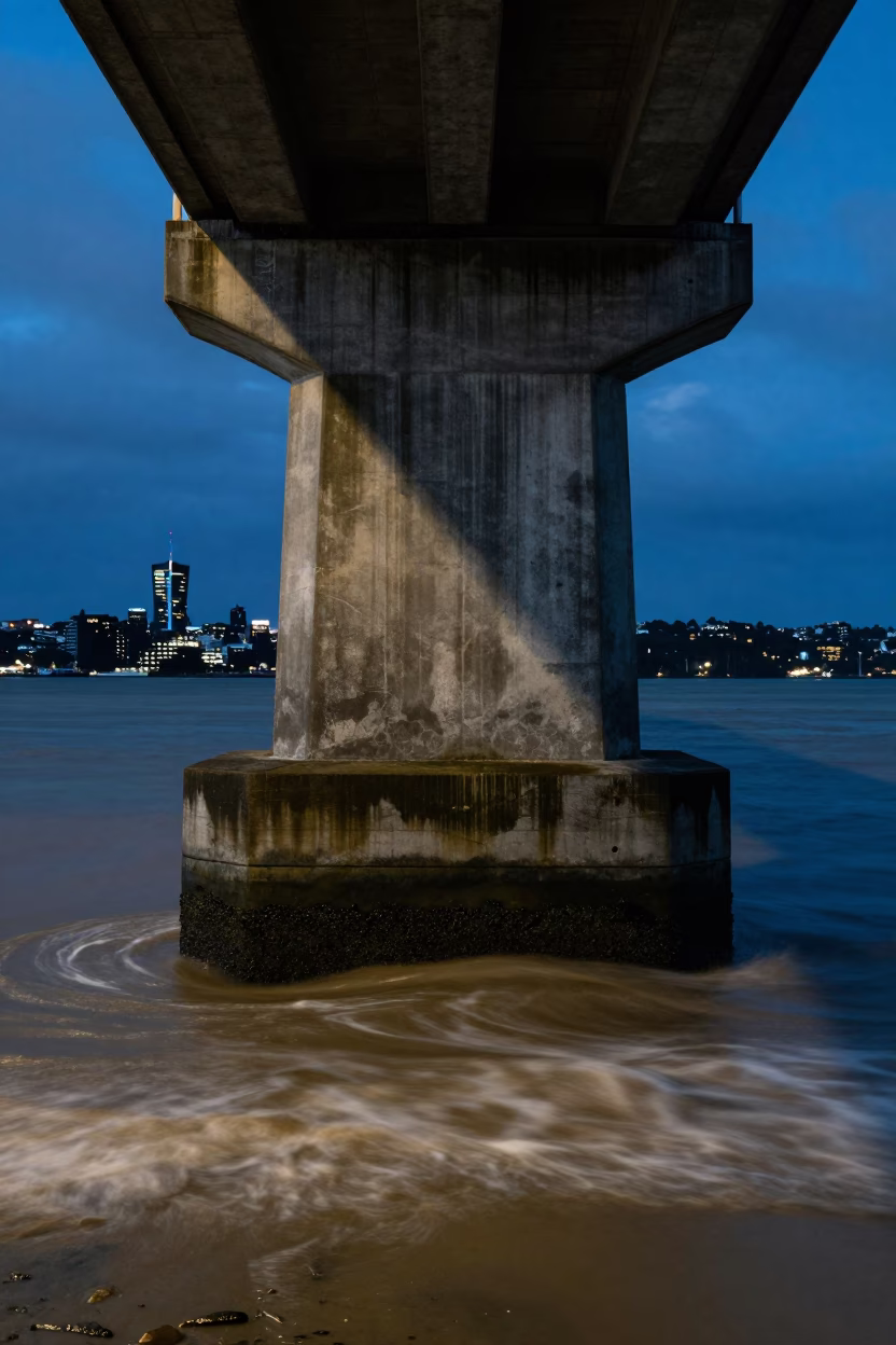 Auckland Night View From Viaduct Harbour Bridge Pier Base With Muddy Water in in Auckland, New Zealand
