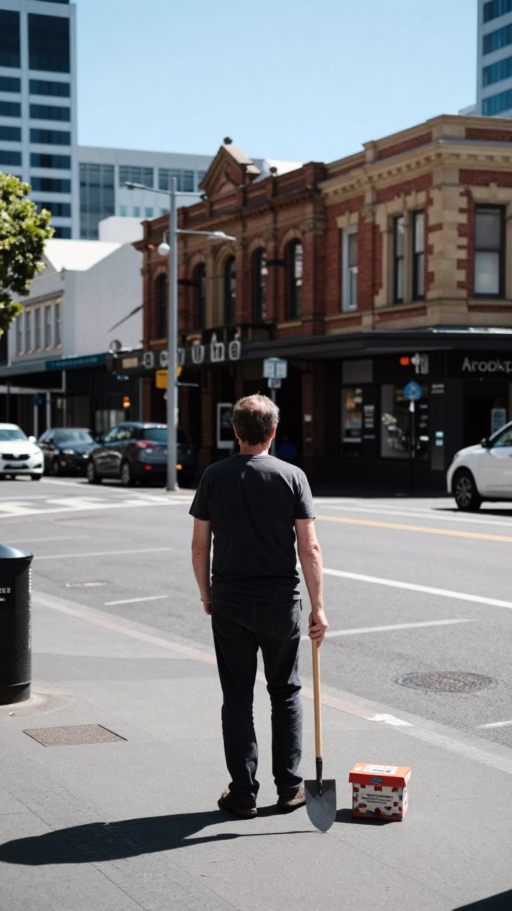 Auckland Noon Street Scene with Crayon Box and Trowel in Urban Setting in in Auckland, New Zealand