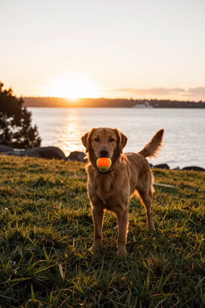 Auckland Nova Scotia Duck Tolling Retriever Playing at Sunset Light in in Auckland, New Zealand