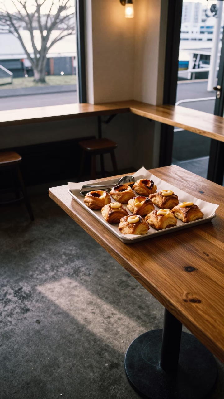 Auckland Pastry Tray Morning Light Harbor Cafe in on a parchment-lined pastry tray in Auckland