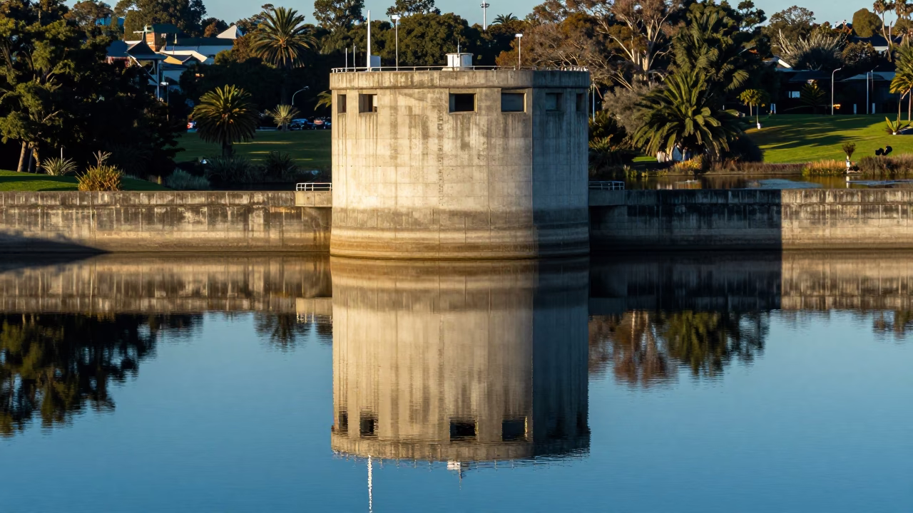 Auckland Reservoir Intake Tower Mirrored in Still Water Early Afternoon Landscape in in Auckland, New Zealand