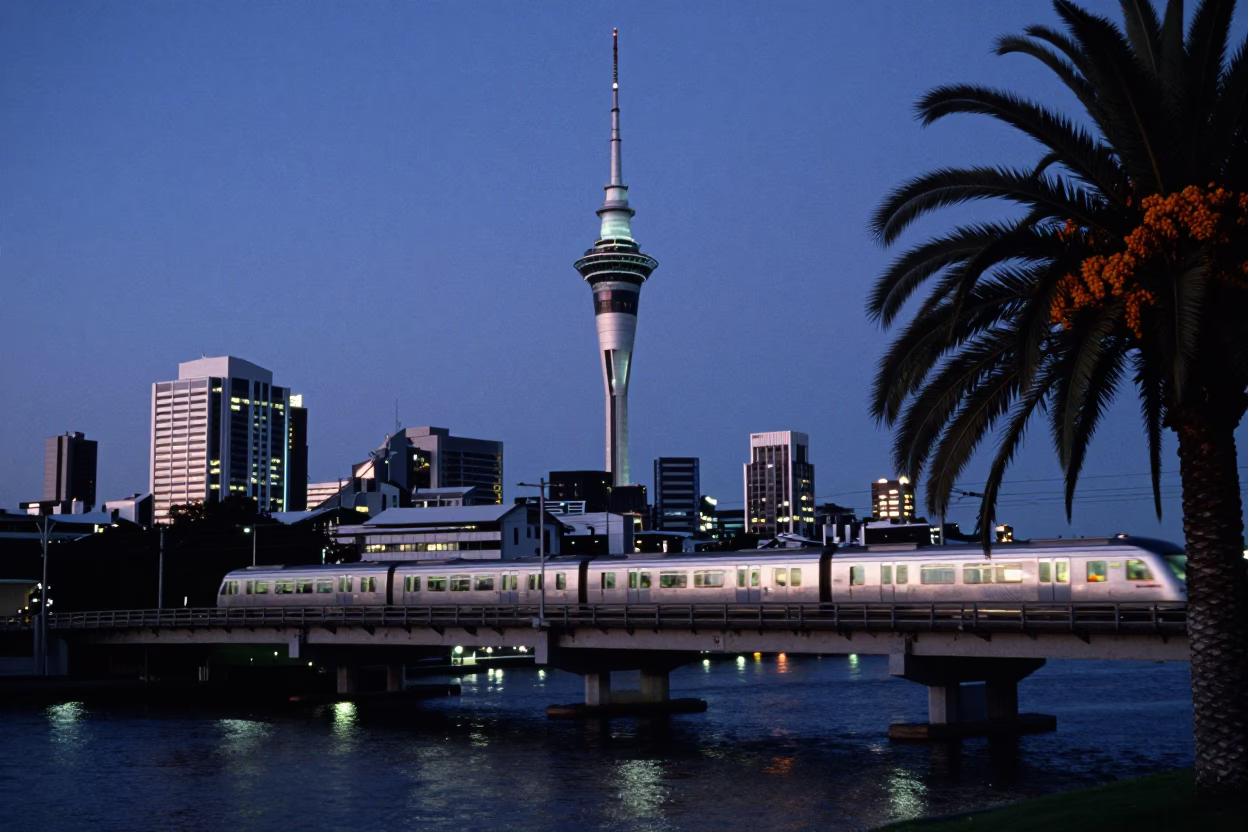 Auckland Sky City Central Bridge Commuter Train Blue Hour Urban Landscape in in Auckland, New Zealand