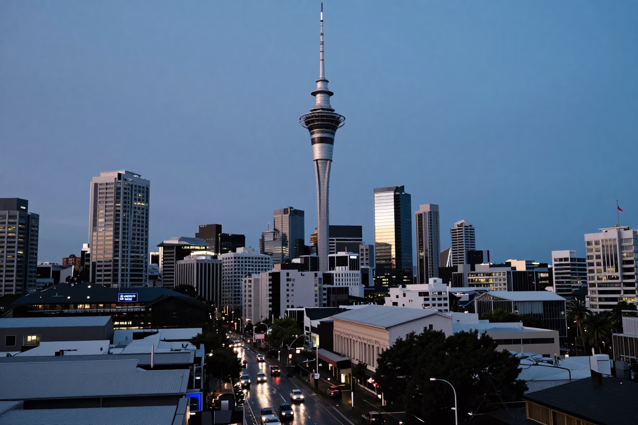 Auckland Sky City Tower at Blue Hour with Rain-Slicked Streets and City Lights in in Auckland, New Zealand
