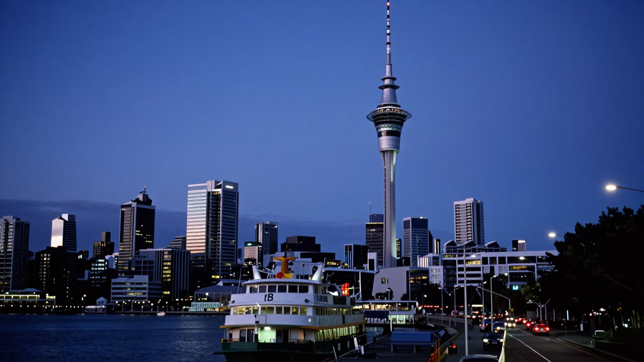 Auckland Sky Tower and Ferry Wharf at Blue Hour with Urban Street Life in in Auckland, New Zealand