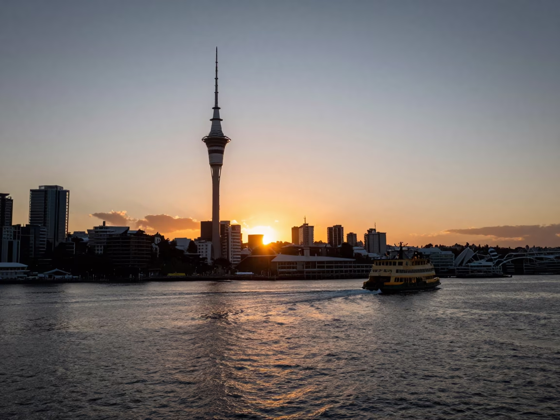 Auckland Sky Tower and Harbor at Sunset with Ferry and Urban Skyline in in Auckland, New Zealand