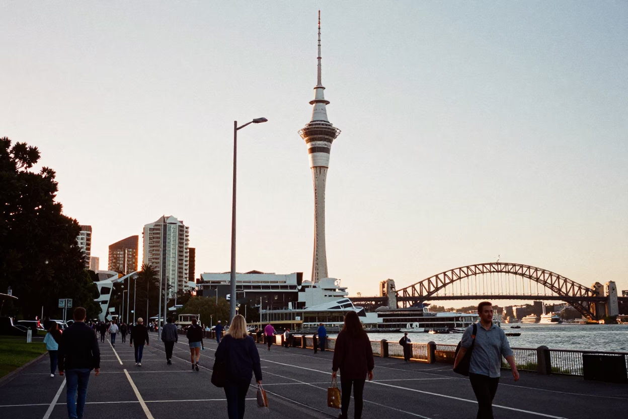 Auckland Sky Tower and Harbor Bridge at Sunrise with Substation Infrastructure and Urban Commuters in in Auckland, New Zealand