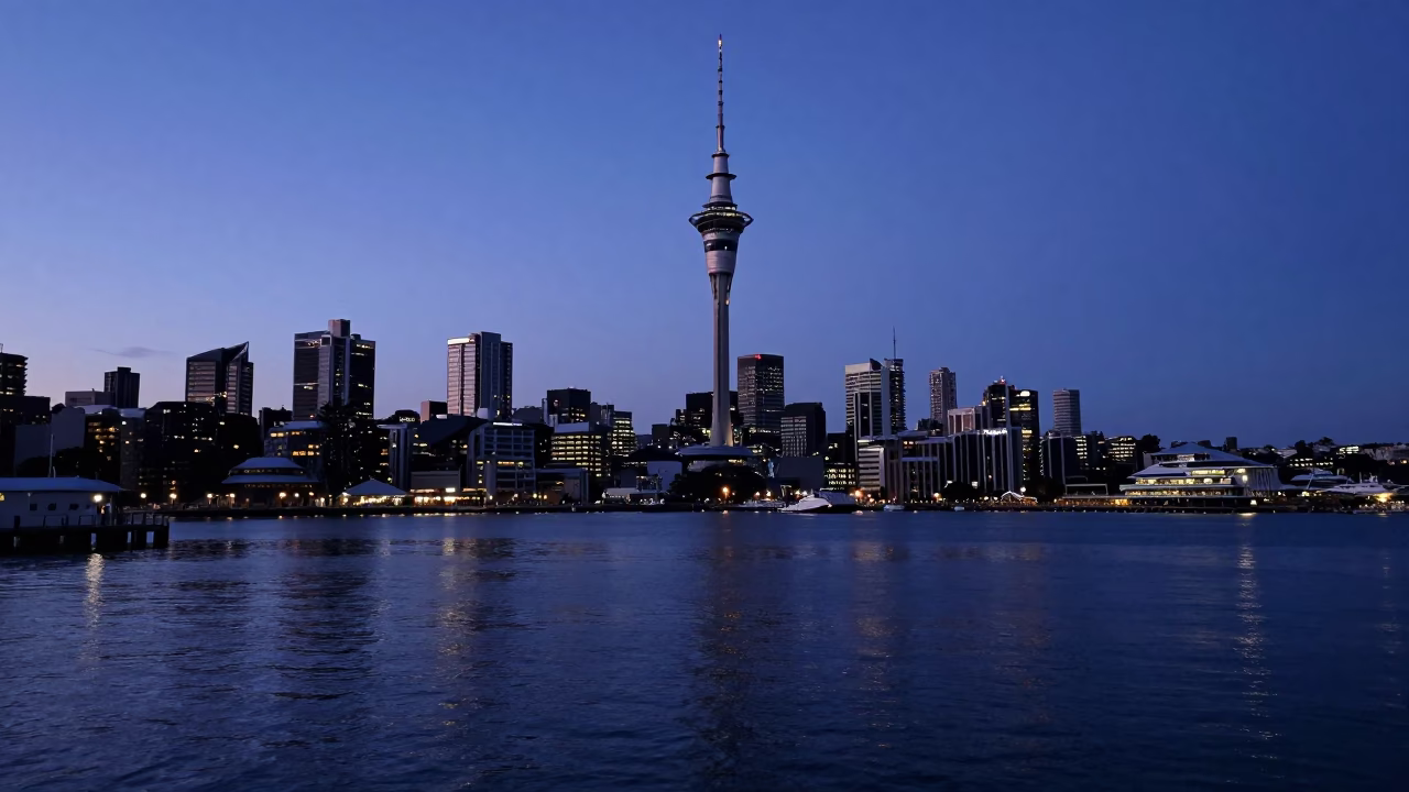 Auckland Sky Tower and Harbor in Indigo Twilight with Mossy Stone Wall in in Auckland, New Zealand