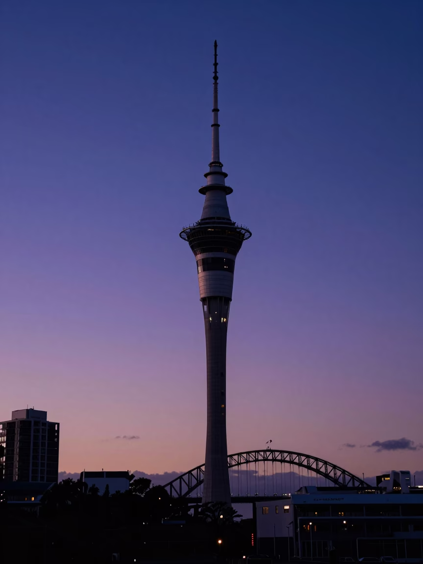 Auckland Sky Tower And Harbour Bridge at Indigo Twilight After Sunset in in Auckland, New Zealand