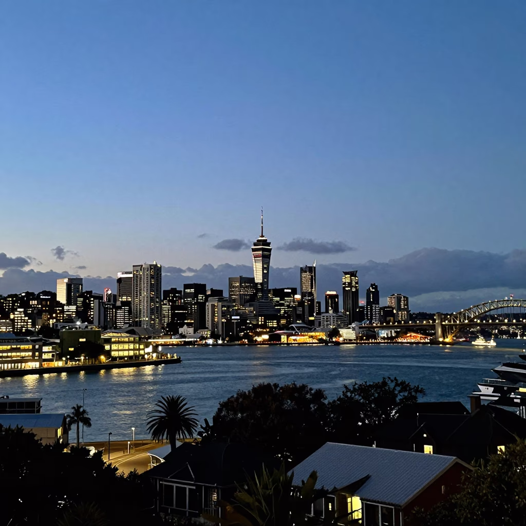 Auckland Skyline at Dusk with Harbor Bridge Lights and City Glow in in Auckland, New Zealand