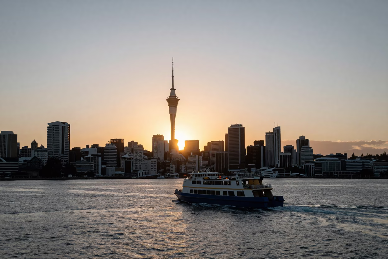 Auckland Skyline at Sunset with Ferry Departing Harbor and Urban Activity in in Auckland, New Zealand