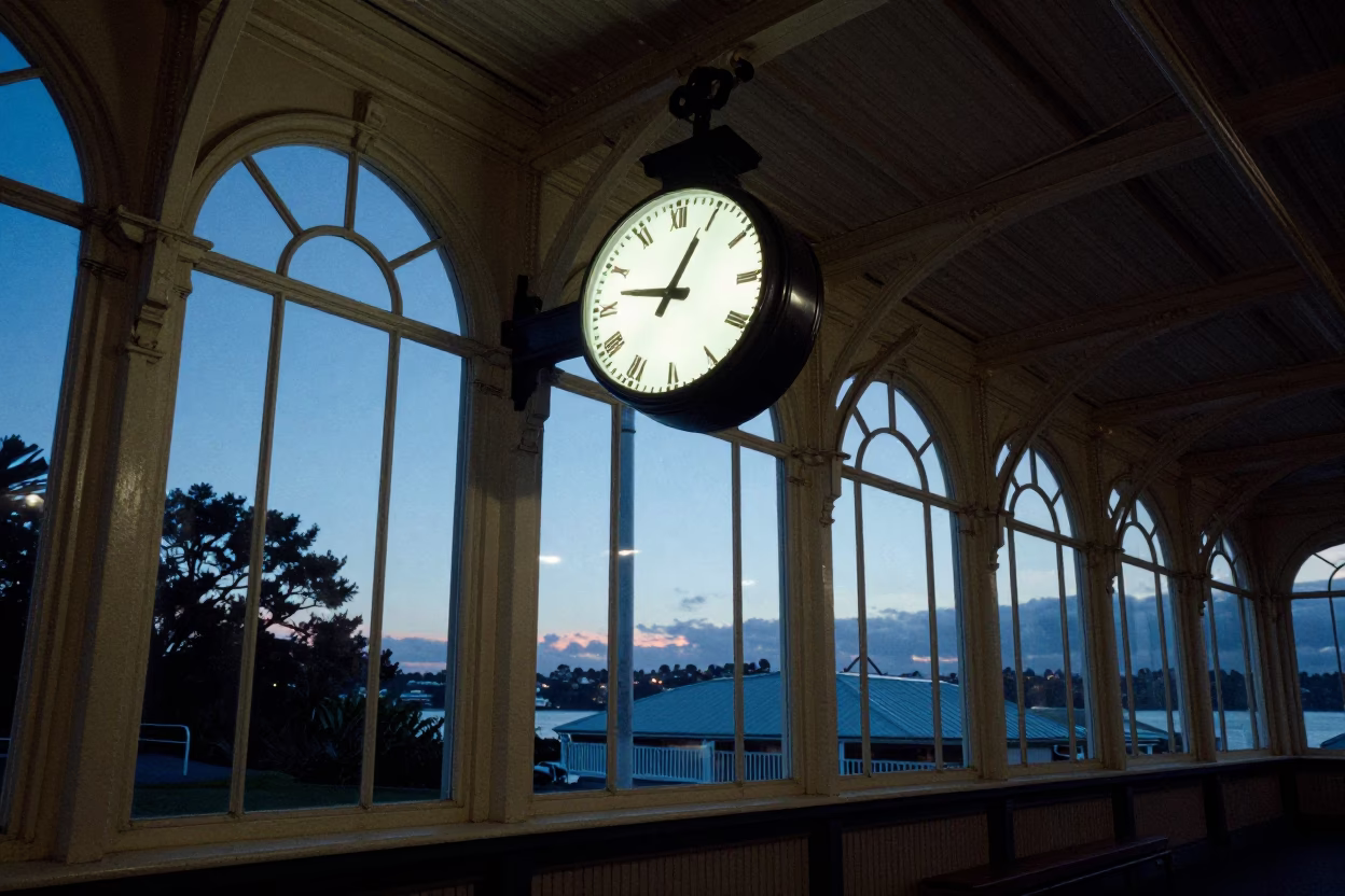 Auckland Station Clock at Nautical Dawn Light in in Auckland, New Zealand