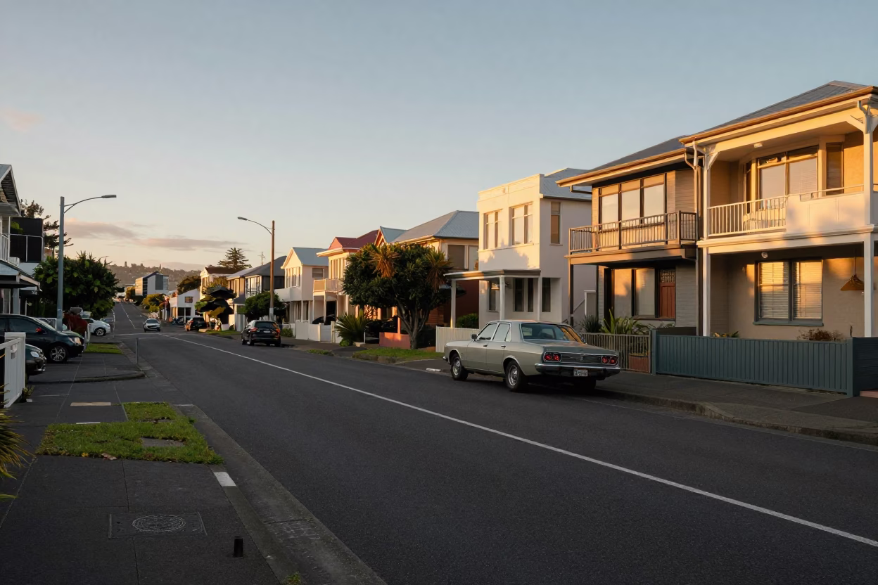 Auckland Street Scene at Honeyed Evening Light in in Auckland, New Zealand