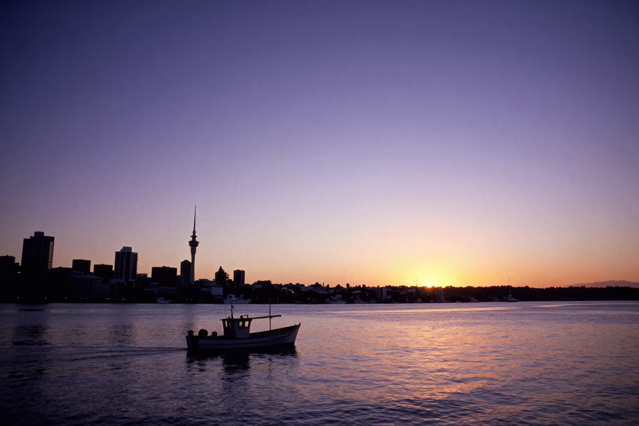 Auckland Sunset Harbor Scene with Fishing Boat and City Skyline at Dusk in in Auckland, New Zealand