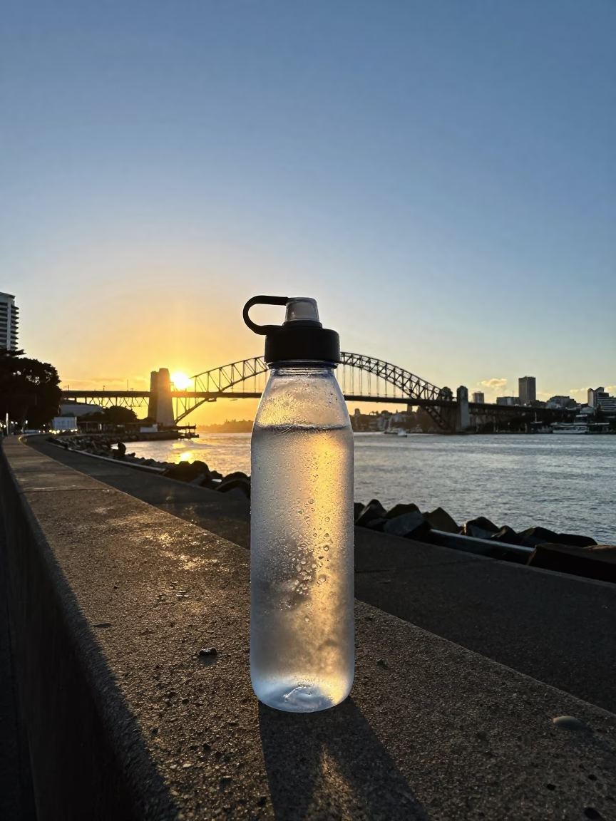 Auckland Sunset Harbor View with Condensation on Water Bottle and Urban Skyline in in Auckland, New Zealand