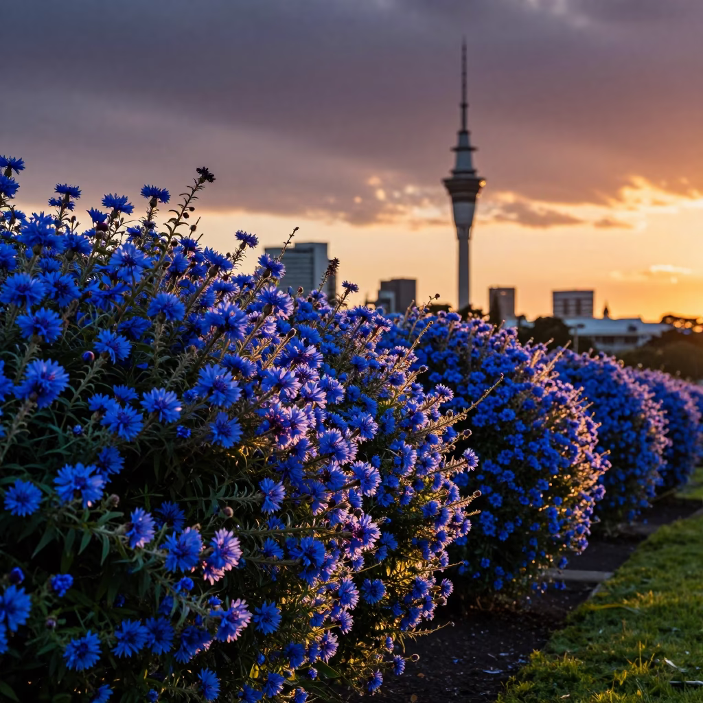 Auckland Sunset Plumbago Hedge in Cornflower Blue Against Urban Skyline in in Auckland, New Zealand