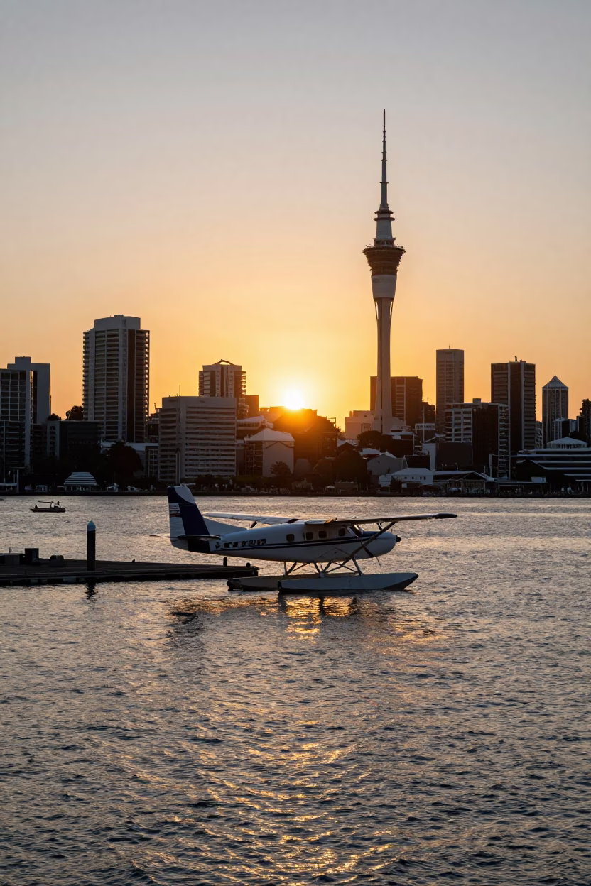 Auckland Sunset Skyline View from Viaduct Harbour with Seaplane Docked at Pier in in Auckland, New Zealand