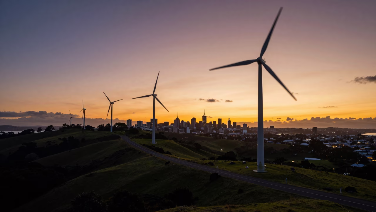 Auckland Sunset Skyline View with Wind Farm Service Road and Turning Blades in Distance in in Auckland, New Zealand