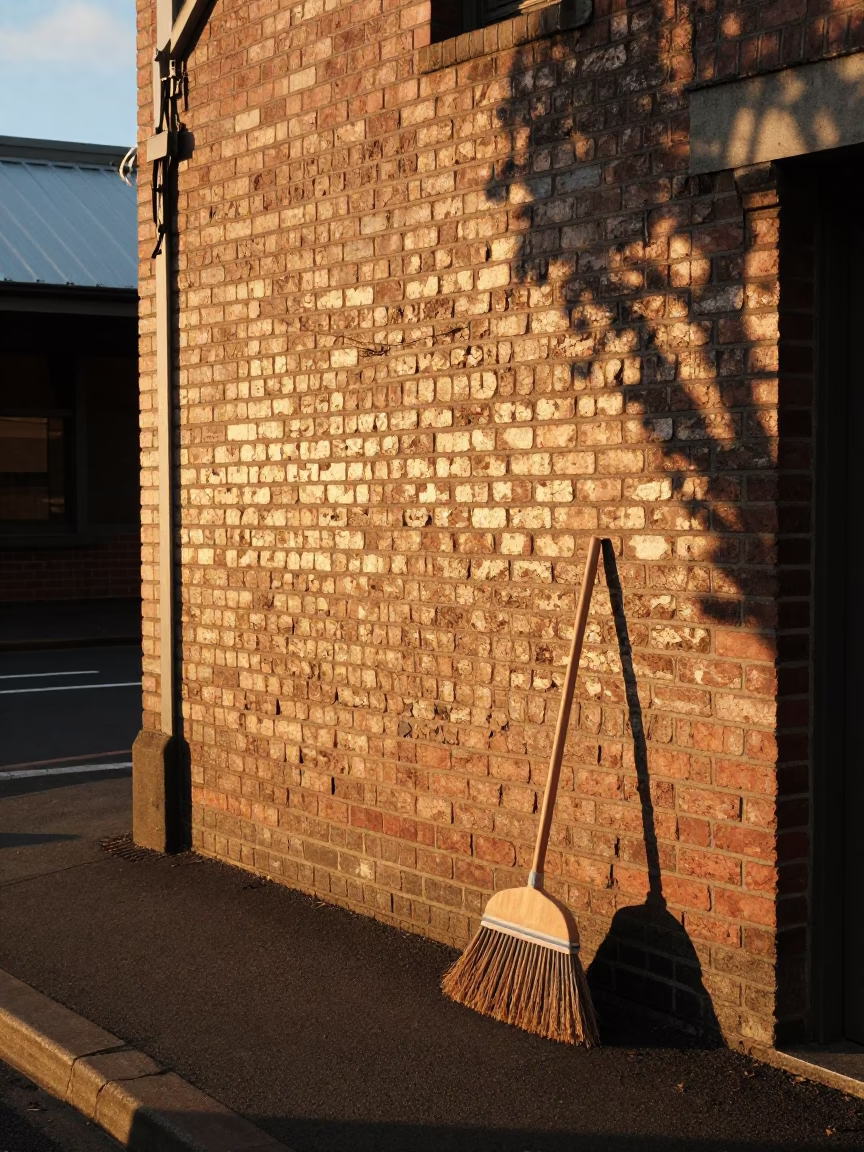 Auckland Sunset Street Scene with Brooms Leaning Against Brick Wall Near Ferry Terminal in in Auckland, New Zealand