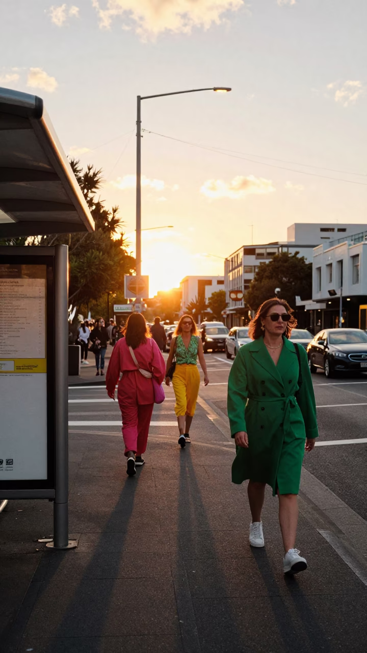 Auckland Sunset Street Scene with Colorful Fashion and Urban Details in in Auckland, New Zealand