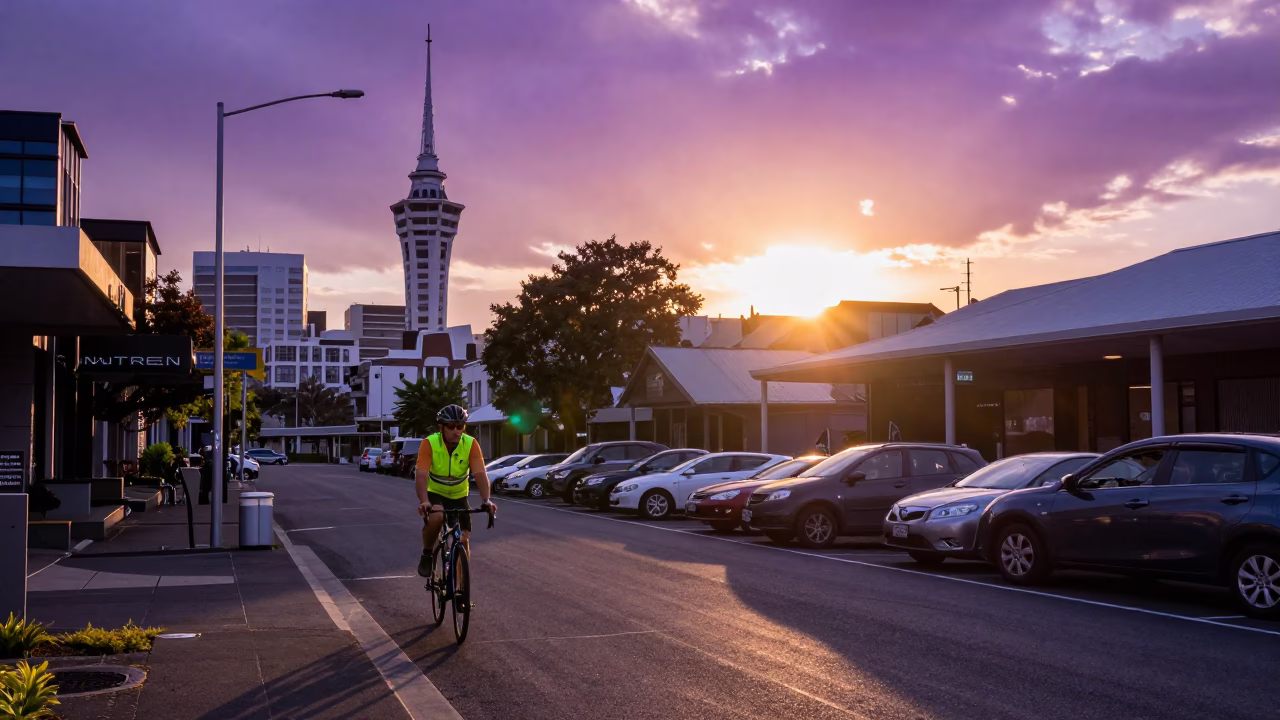 Auckland Sunset Street Scene with Cyclist and Urban Details in in Auckland, New Zealand