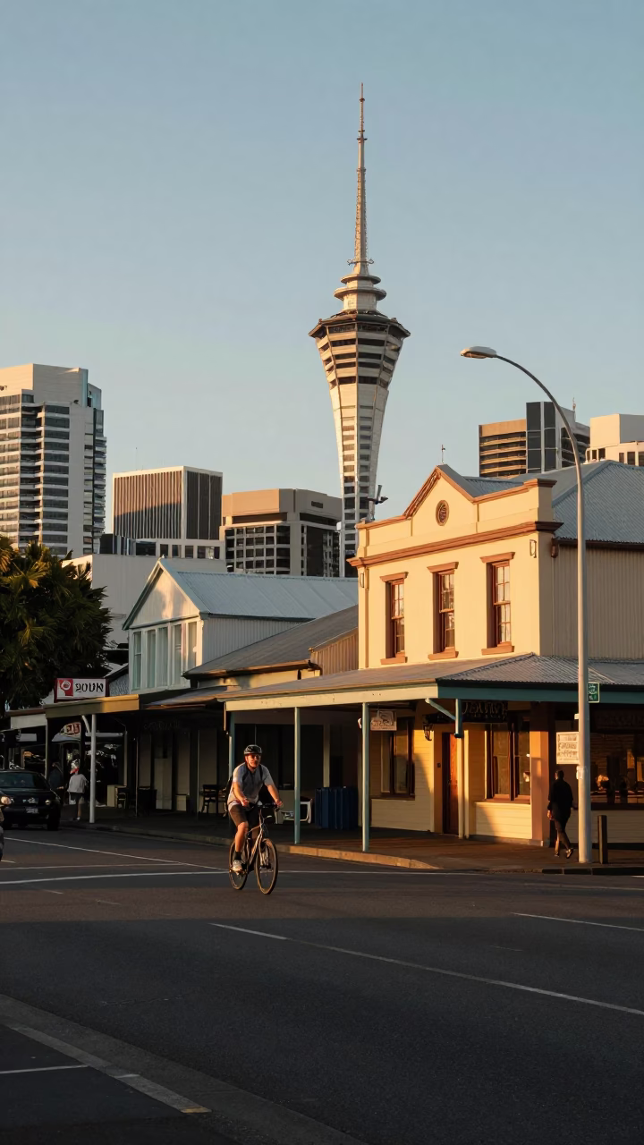 Auckland Sunset Street Scene with Cyclist and Vintage Shop Front at Dusk in in Auckland, New Zealand