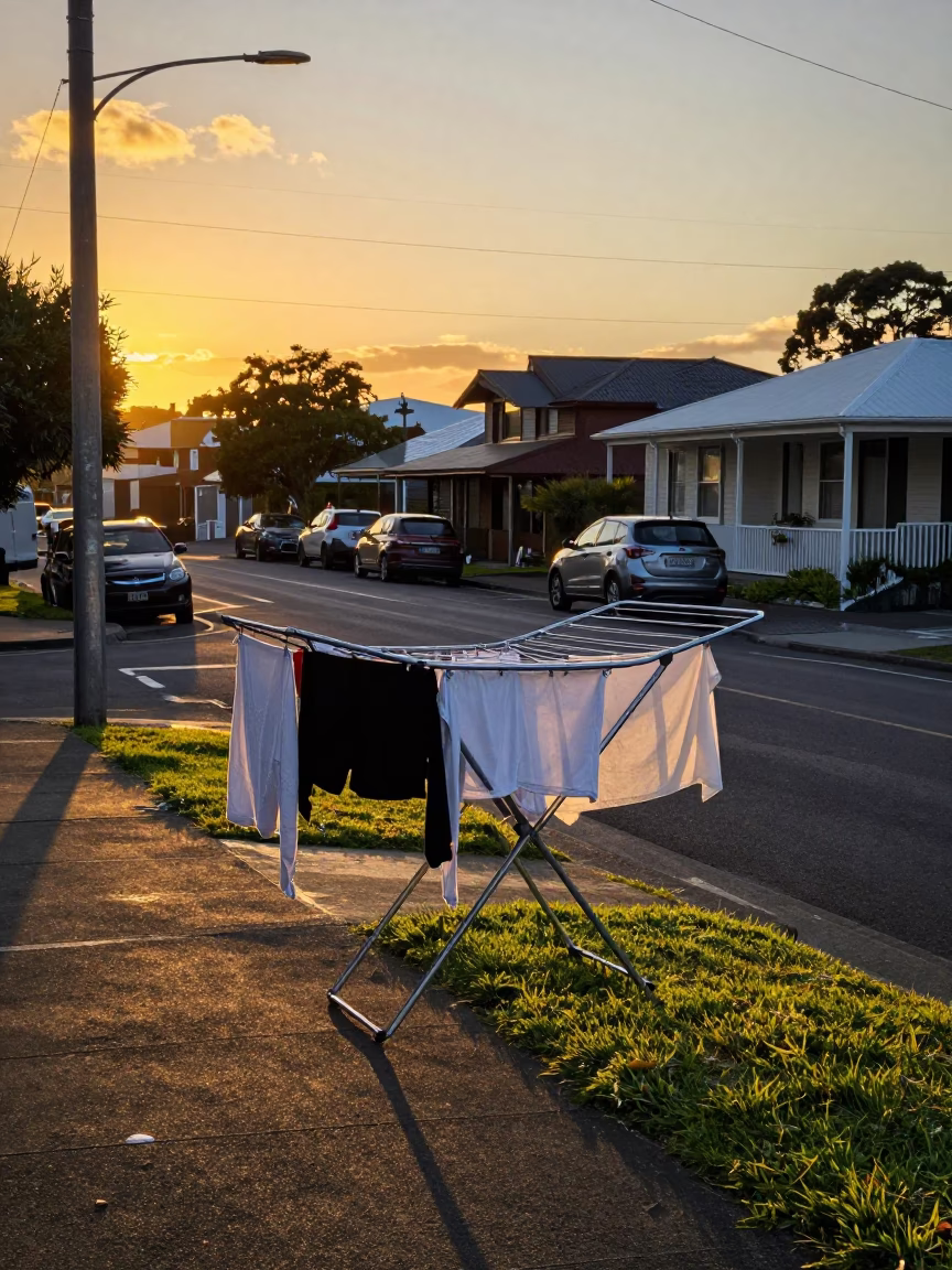 Auckland Sunset Street Scene with Drying Rack and Urban Life in in Auckland, New Zealand