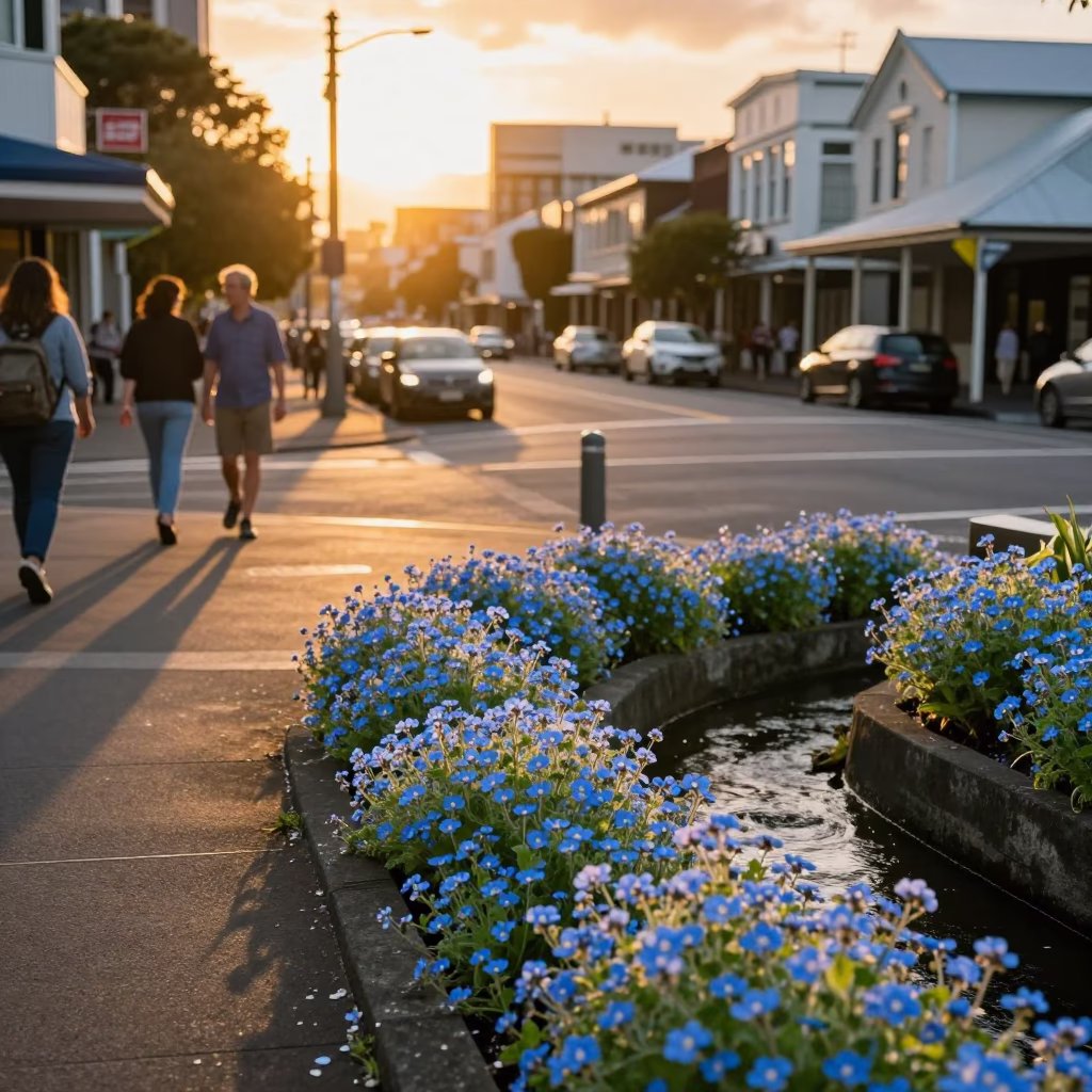 Auckland Sunset Street Scene with Forget-Me-Nots and Local Interaction in in Auckland, New Zealand