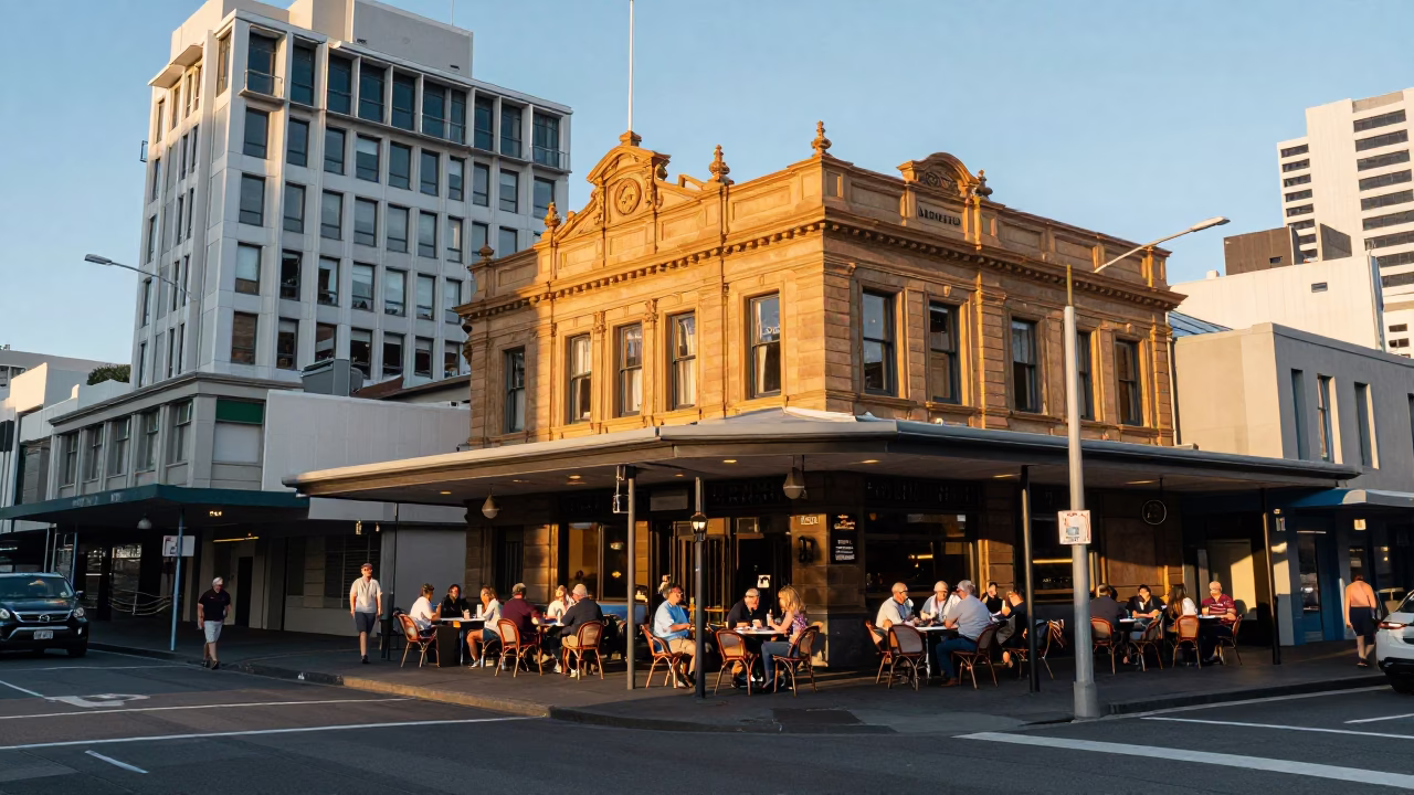 Auckland Sunset Street Scene with Outdoor Dining and Urban Architecture in in Auckland, New Zealand