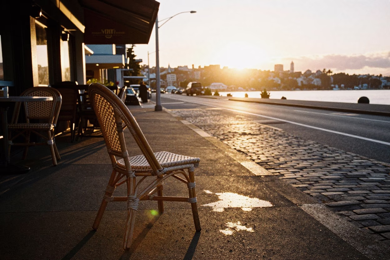 Auckland Sunset Street Scene with Rattan Chair and Condensation on Bench Slat in in Auckland, New Zealand