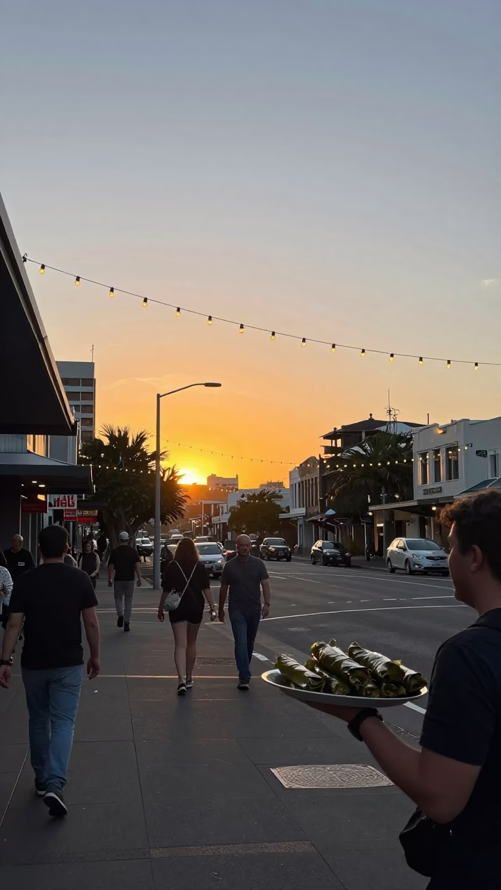 Auckland Sunset Street Scene with String Lights and Urban Details in in Auckland, New Zealand