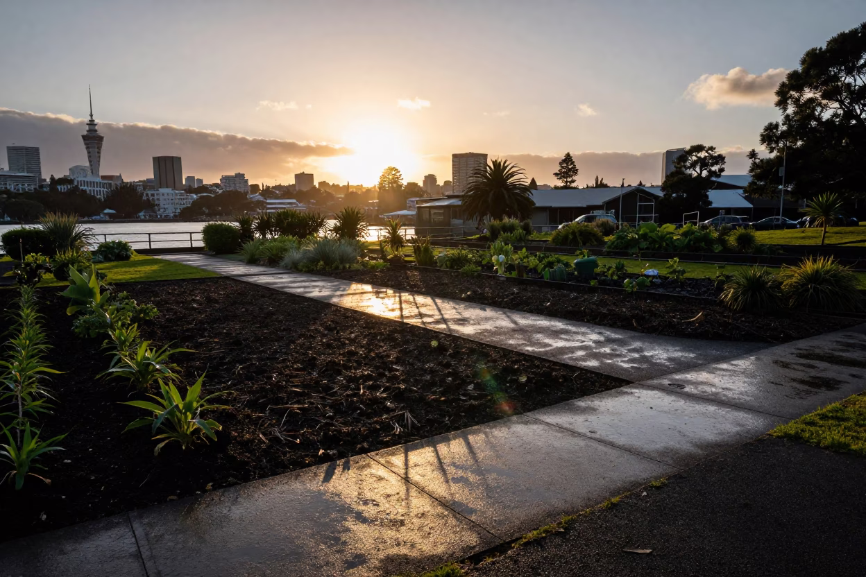 Auckland Sunset Viaduct Shadow Over Rain-Washed Allotment Gardens with Folding Tables in in Auckland, New Zealand