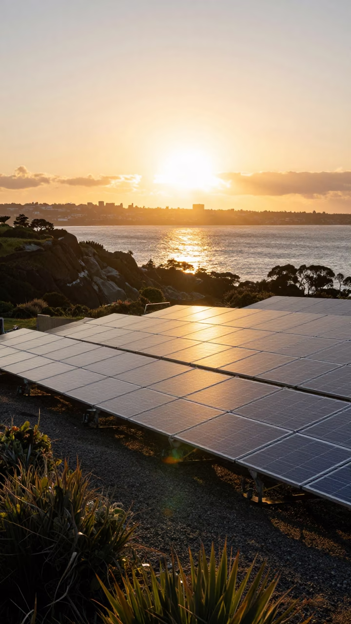 Auckland Sunset View of Solar Arrays Glinting Over Coastal Scrub and Gravel Landscape in in Auckland, New Zealand