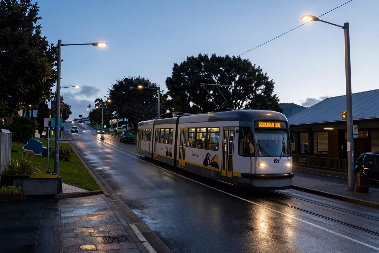 Auckland Tram Climbing Steep Hill Before Dawn in New Zealand in in Auckland, New Zealand