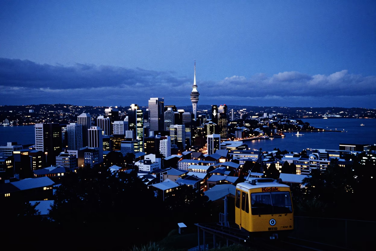 Auckland Twilight Cityscape View from Hilltop Funicular Railway Station at Dusk in in Auckland, New Zealand