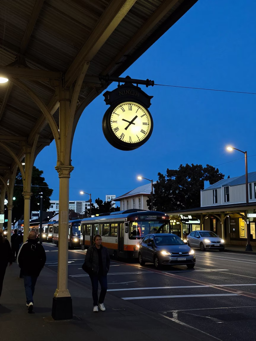 Auckland Twilight Street Scene with Heritage Train Station Clock and Clematis Vine in in Auckland, New Zealand