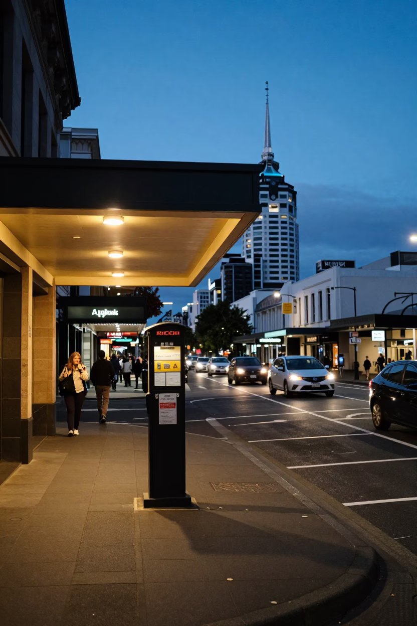 Auckland Twilight Street Scene with Valet Stand and Traffic Shadows in in Auckland, New Zealand